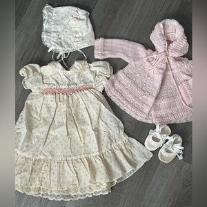 Vintage Prairie smocked Baby Dress Bonnet sweater shoes 3-6 months